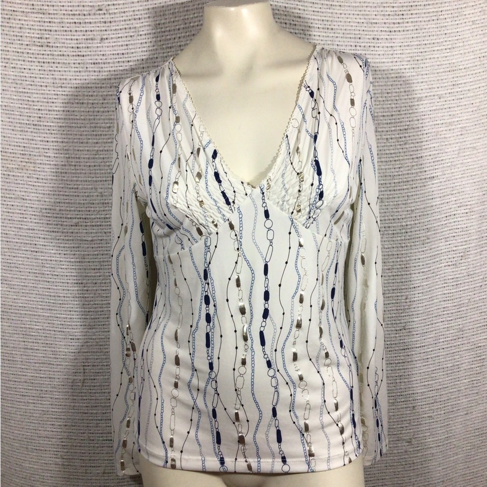 Emma James Top Medium Ivory Blue and Metallic Chain Print Long Sleeve